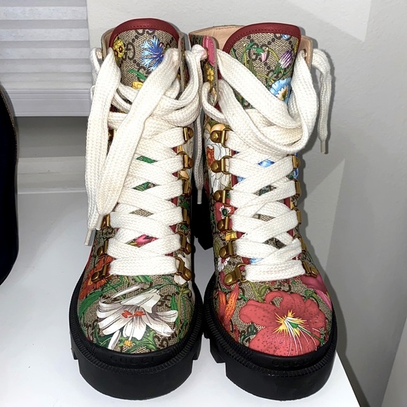 GG Supreme Monogram Flora Lace Up Combat Ankle Boots - Picture 5 of 5